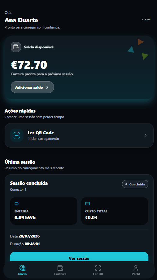 Ecrã inicial da aplicação Elevo Charge com saldo e ações rápidas